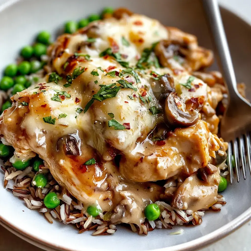 Une assiette avec du poulet gratiné au fromage, accompagné d’une sauce crémeuse aux champignons, du riz et des petits pois, décorée avec des herbes et des flocons de piment.