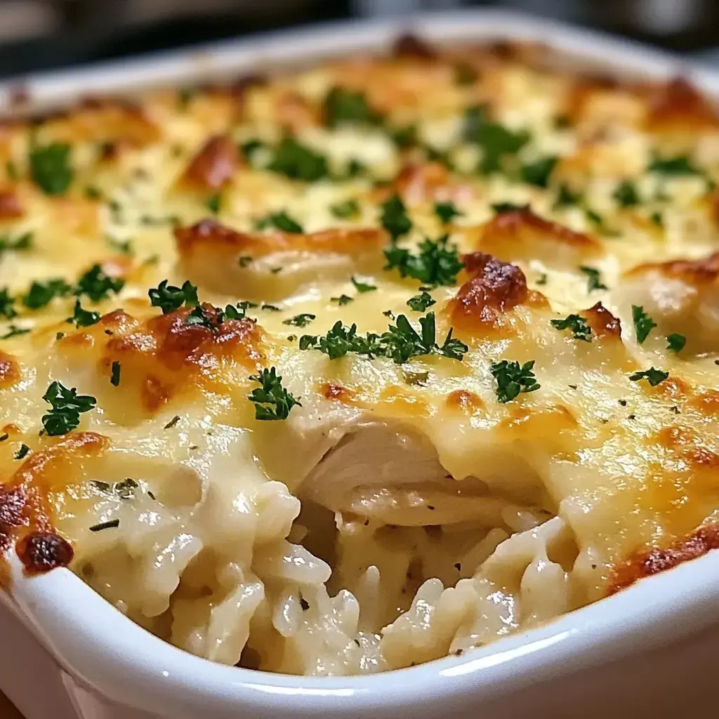 Un gratin onctueux de poulet et riz avec fromage fondu et persil.