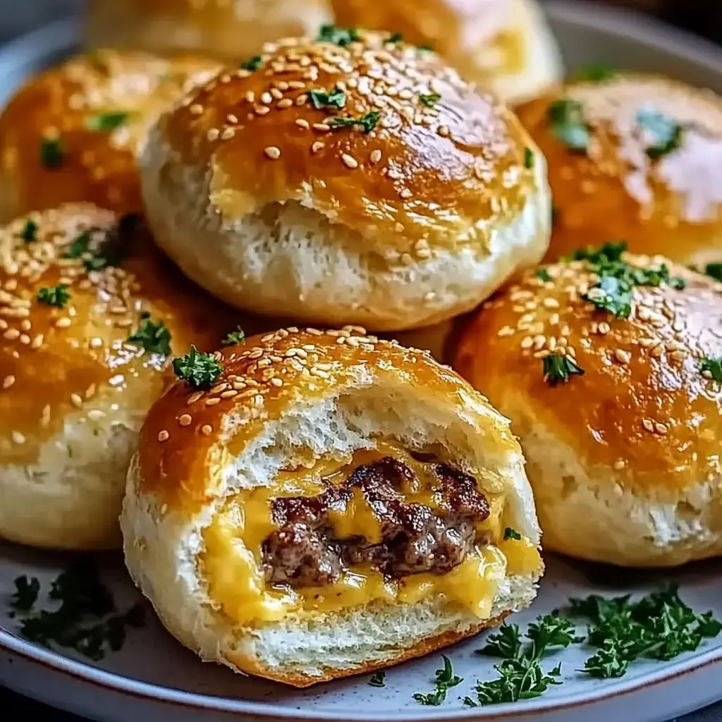 Un plateau rempli de petits pains dorés et recouverts de graines de sésame, garnis de fromage fondu et de bœuf, avec une touche de persil frais.