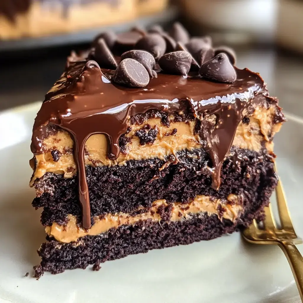 Une part de gâteau au chocolat avec des couches de crème au beurre de cacahuète, surmonté d'une ganache chocolatée brillante et de pépites de chocolat.