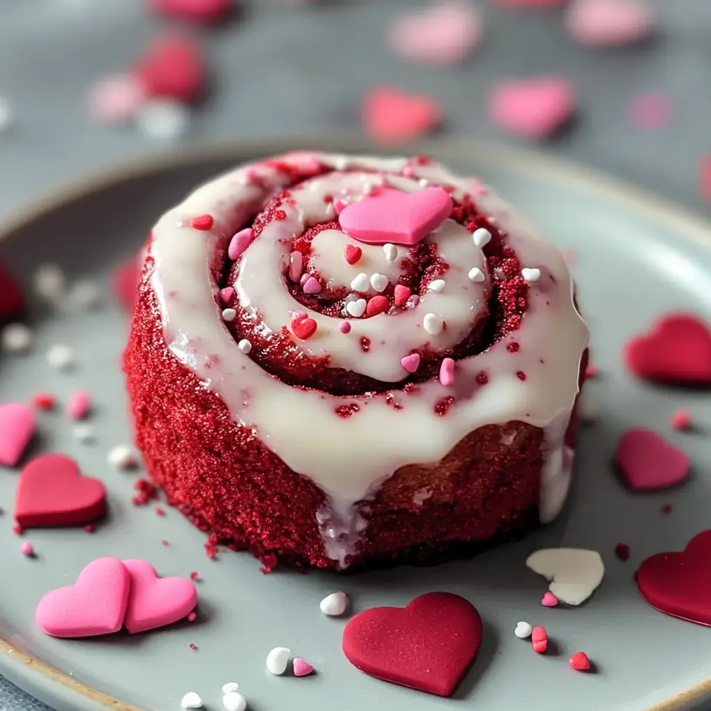 Un cupcake rouge velours décoré de glaçage blanc et de petits cœurs entouré de décorations colorées sur une assiette grise.