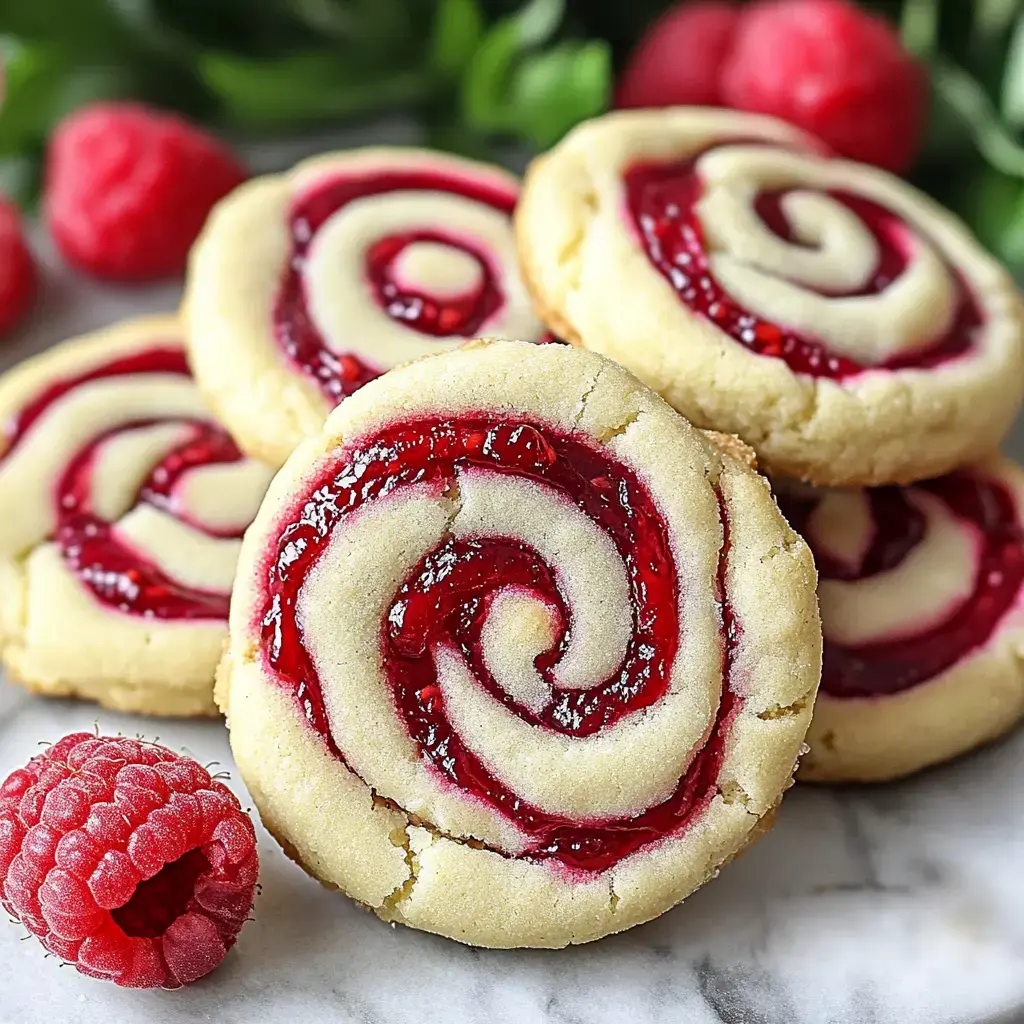 Un gros plan sur des biscuits spirales à la framboise, avec une framboise fraîche à côté, posés sur un fond vert flou.