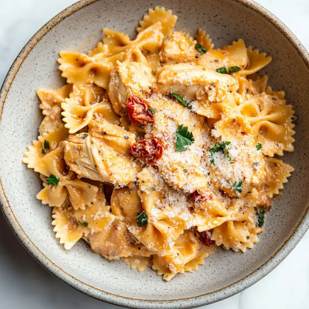 Un bol de pâtes accompagné de morceaux de poulet, tomates séchées, persil frais et fromage râpé dans une sauce crémeuse.