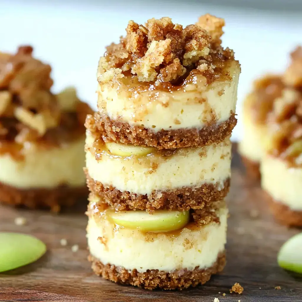 Petit cheesecake en couches, garni de crumble et nappé de sirop, entouré de tranches de pomme verte.