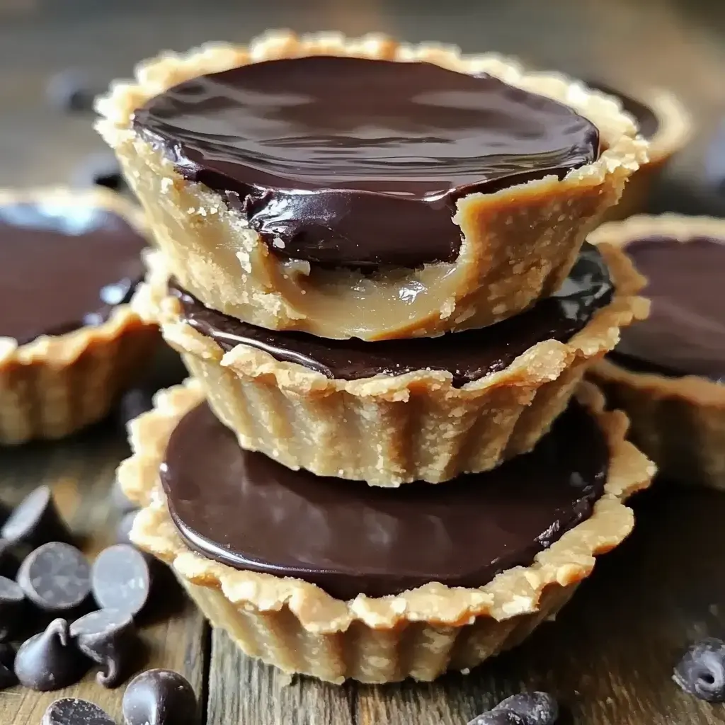 L'image montre trois tartelettes multicouches au chocolat empilées sur une surface en bois, entourées de pépites de chocolat.