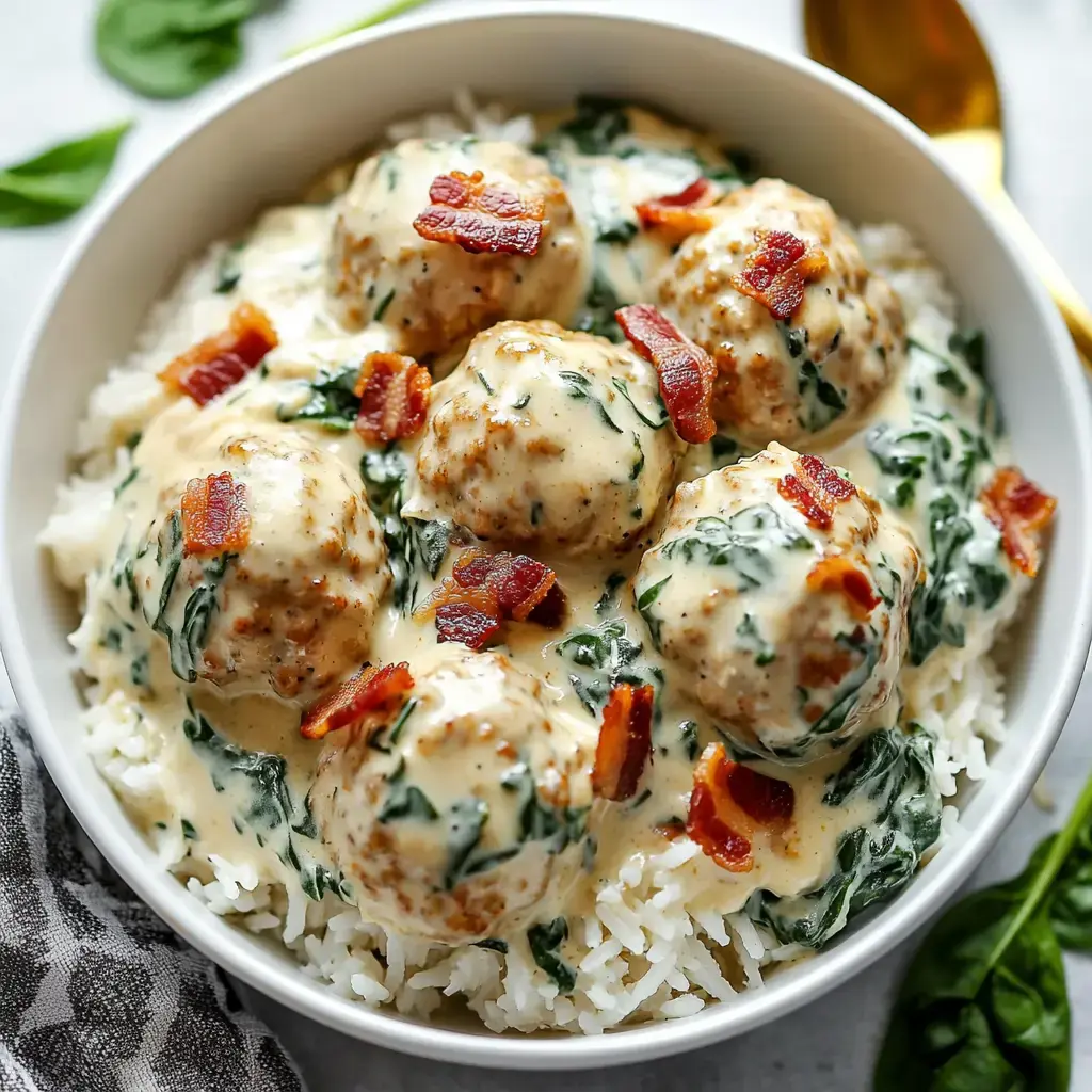 Un bol de riz garni de boulettes dans une sauce crémeuse aux épinards, décoré de bacon croustillant.