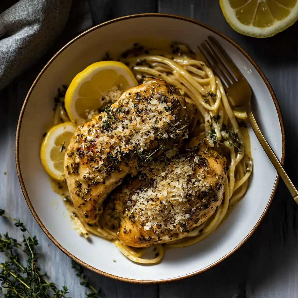 Une assiette de poulet au citron et herbes sur des pâtes, garnie de rondelles de citron et de thym.