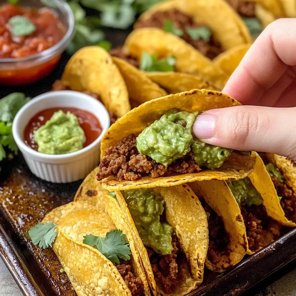 Une main tient un taco garni de viande et de guacamole, entouré d'autres tacos et de petits bols de salsa et de guacamole.