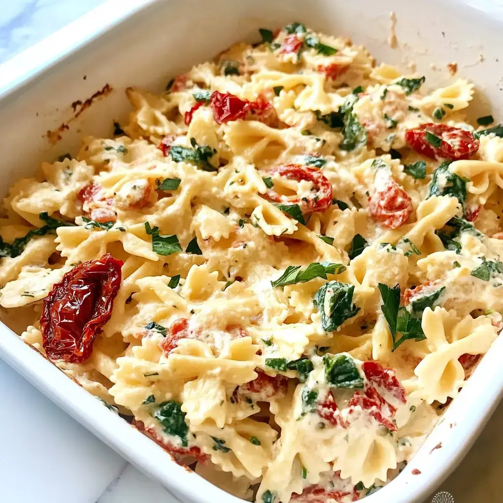 Un plat de pâtes au four avec des farfalles, tomates séchées, épinards et sauce crémeuse, garni de persil frais.