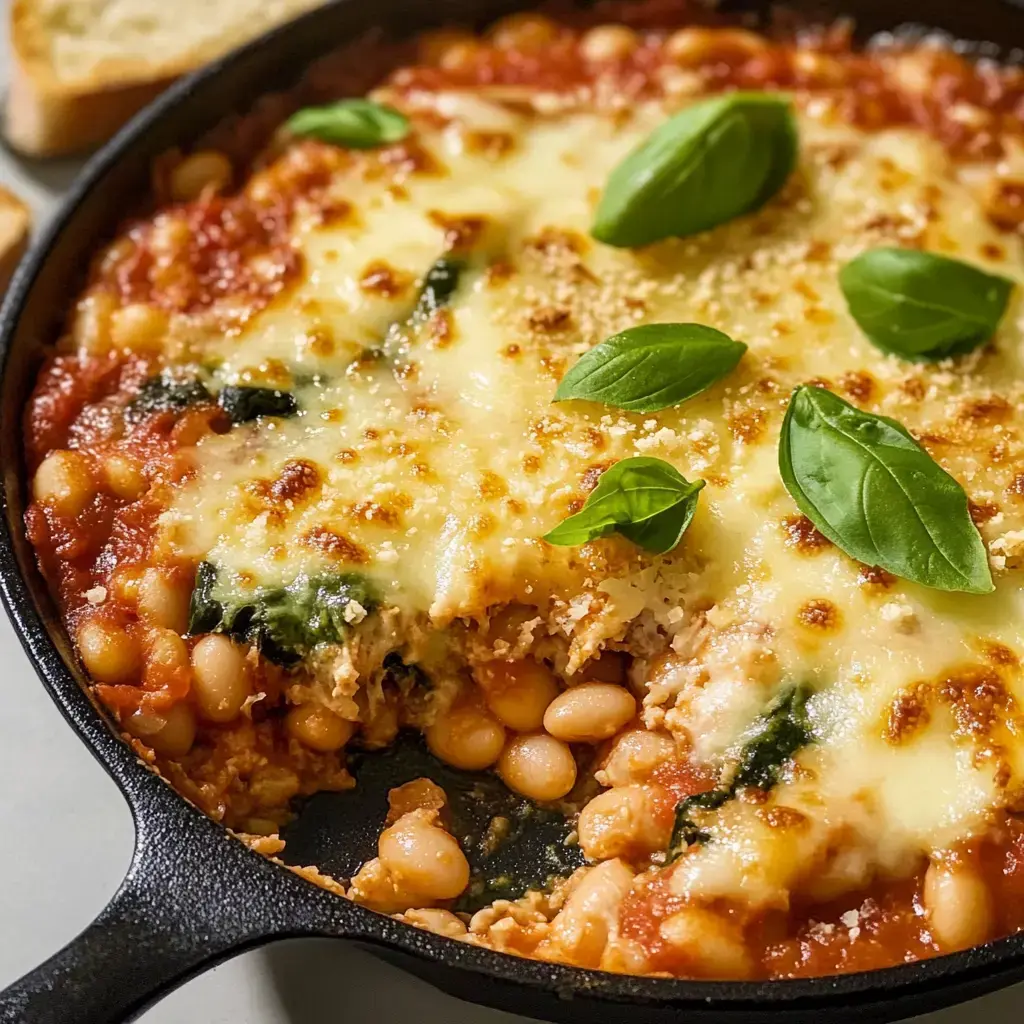 Un gros plan d'un plat cuit dans une poêle en fonte, présentant des couches de haricots blancs, d'épinards, de sauce tomate et de fromage fondu, garni de feuilles de basilic frais.