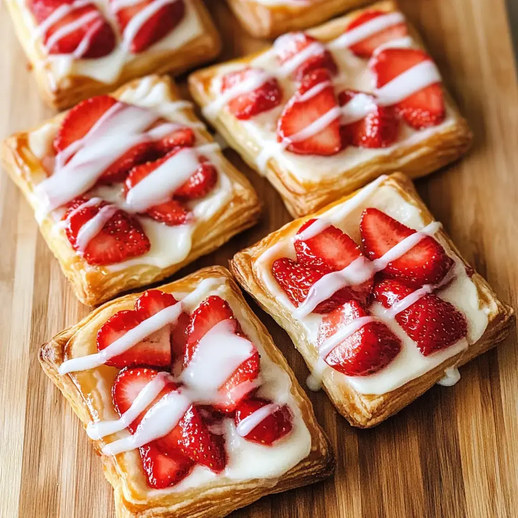 Plan rapproché de carrés de pâte croustillante garnis de fraises fraîches et décorés d'un filet de glaçage.