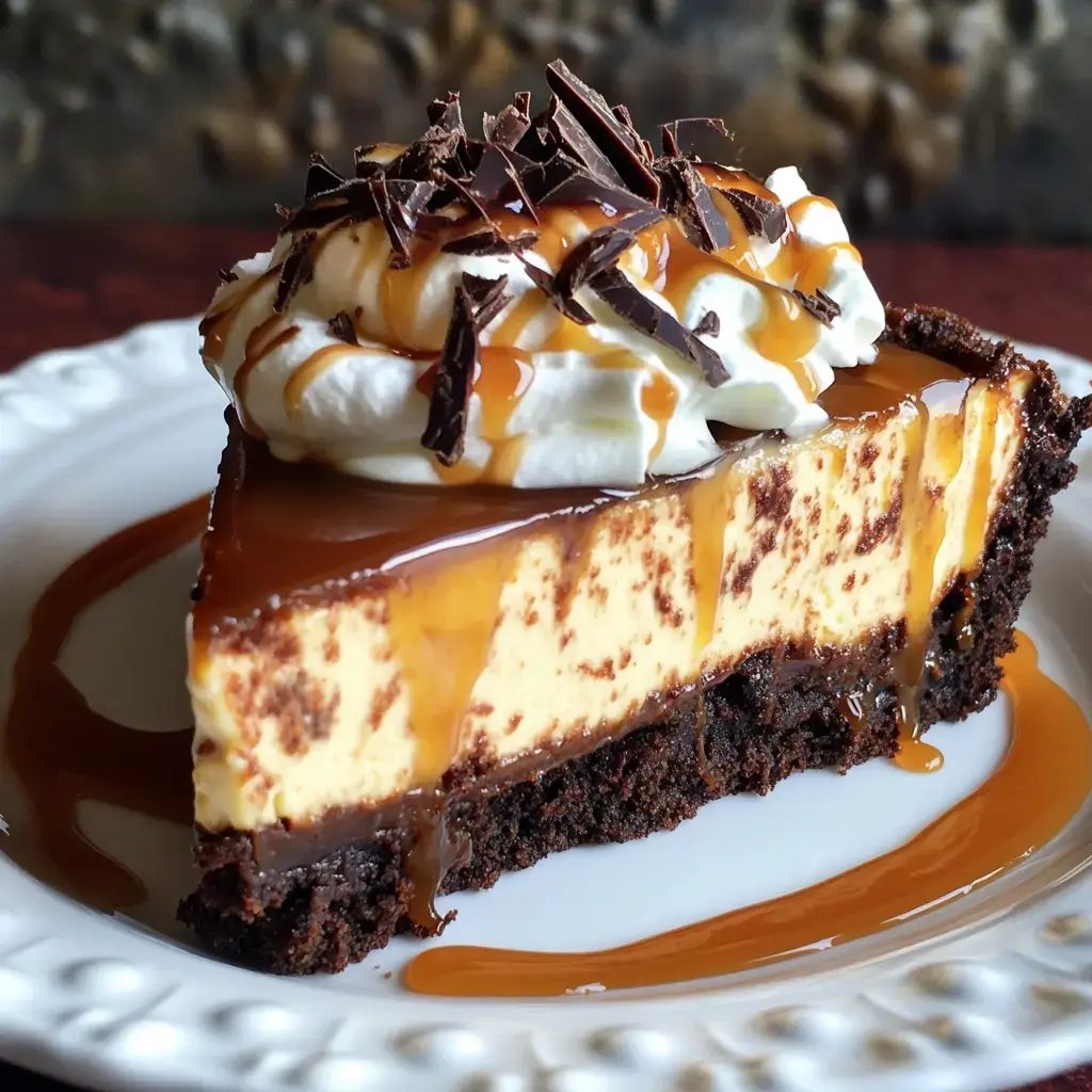 Une part de cheesecake au caramel garnie de crème fouettée, copeaux de chocolat et filet de caramel sur une base chocolatée.