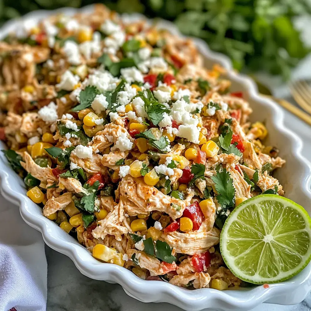 Un plat coloré de poulet effiloché mélangé avec du maïs, des poivrons rouges et des herbes fraîches, surmonté de fromage feta et accompagné d'une tranche de citron vert.