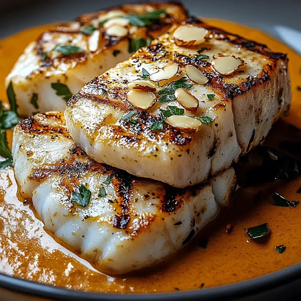 Un plat de filets de poisson grillés, garnis d'amandes effilées et d'herbes, servi avec une sauce orange intense.