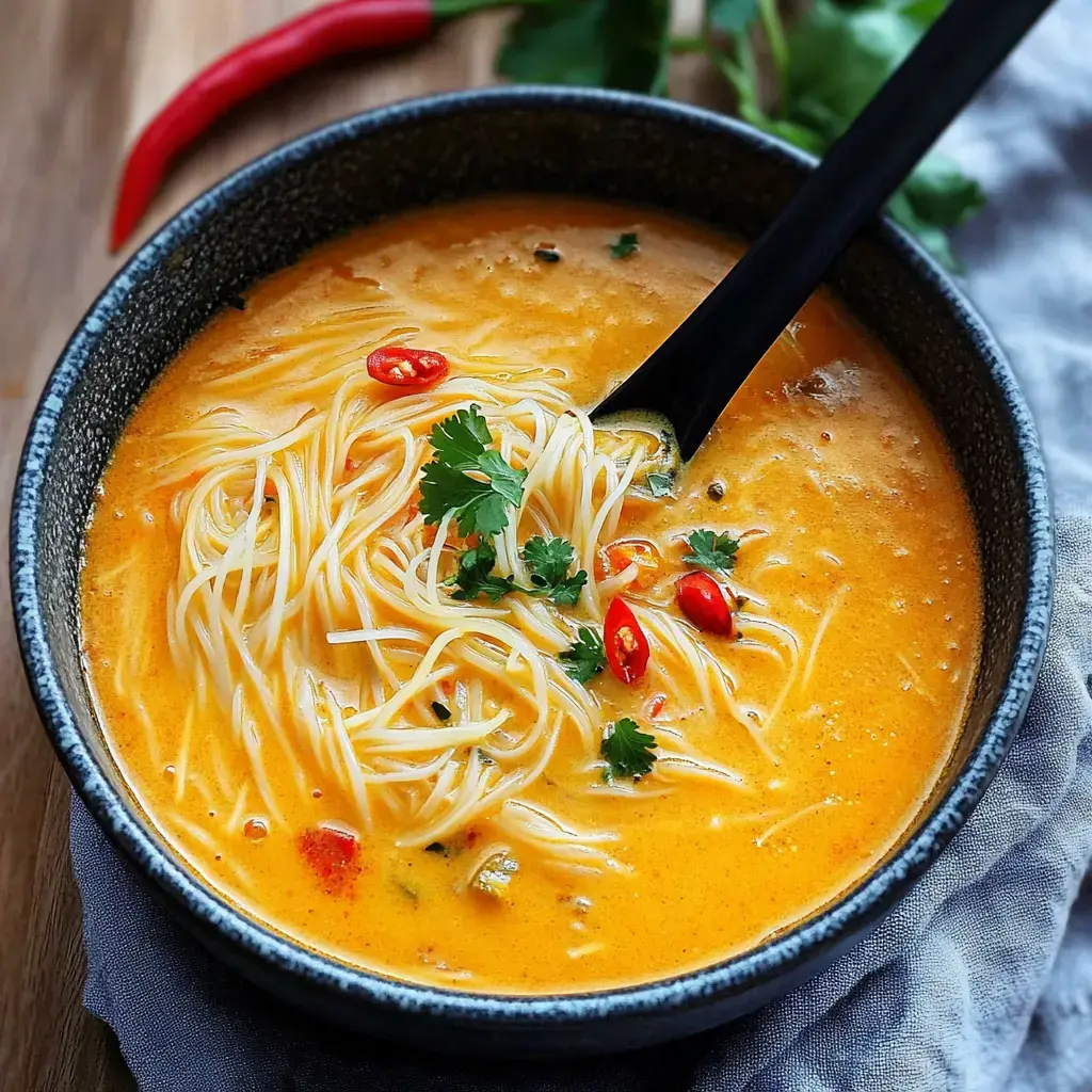 Un bol de soupe crémeuse aux nouilles, décoré d'herbes fraîches et de tranches de piment rouge.