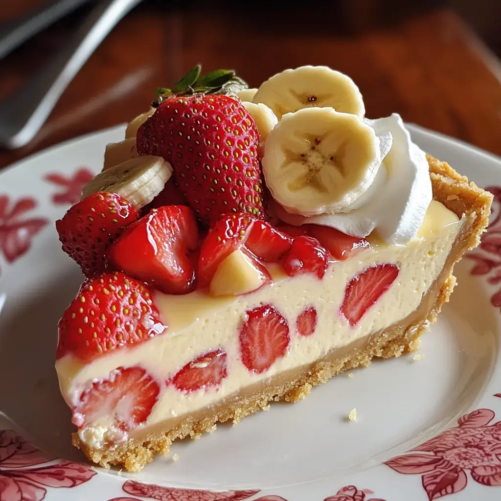 Une part de dessert crémeux garni de fraises, bananes et crème fouettée, posée sur une assiette décorative.