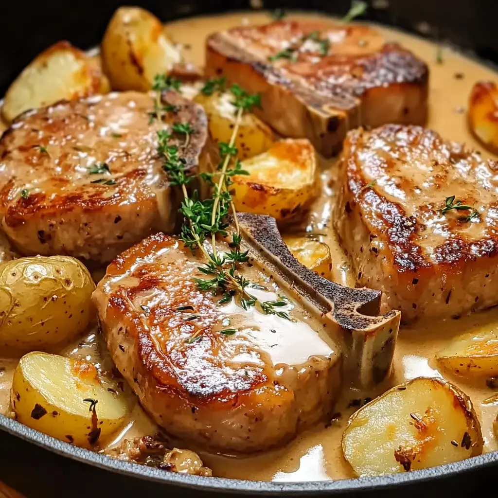 Une poêle contenant des côtes de porc saisies et des pommes de terre dorées dans une sauce crémeuse, garnies de thym frais.