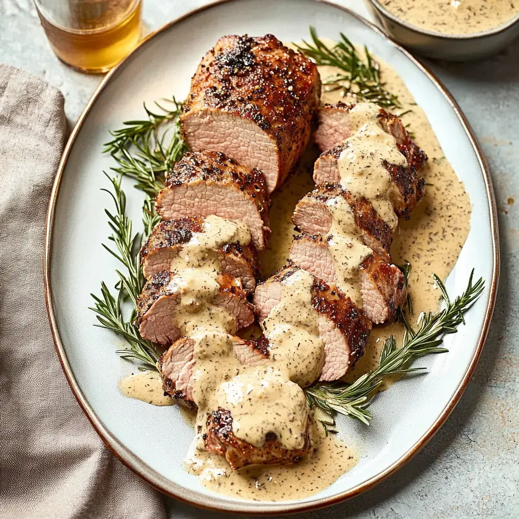 Viande rôtie coupée en tranches avec sauce crémeuse, décorée de romarin.