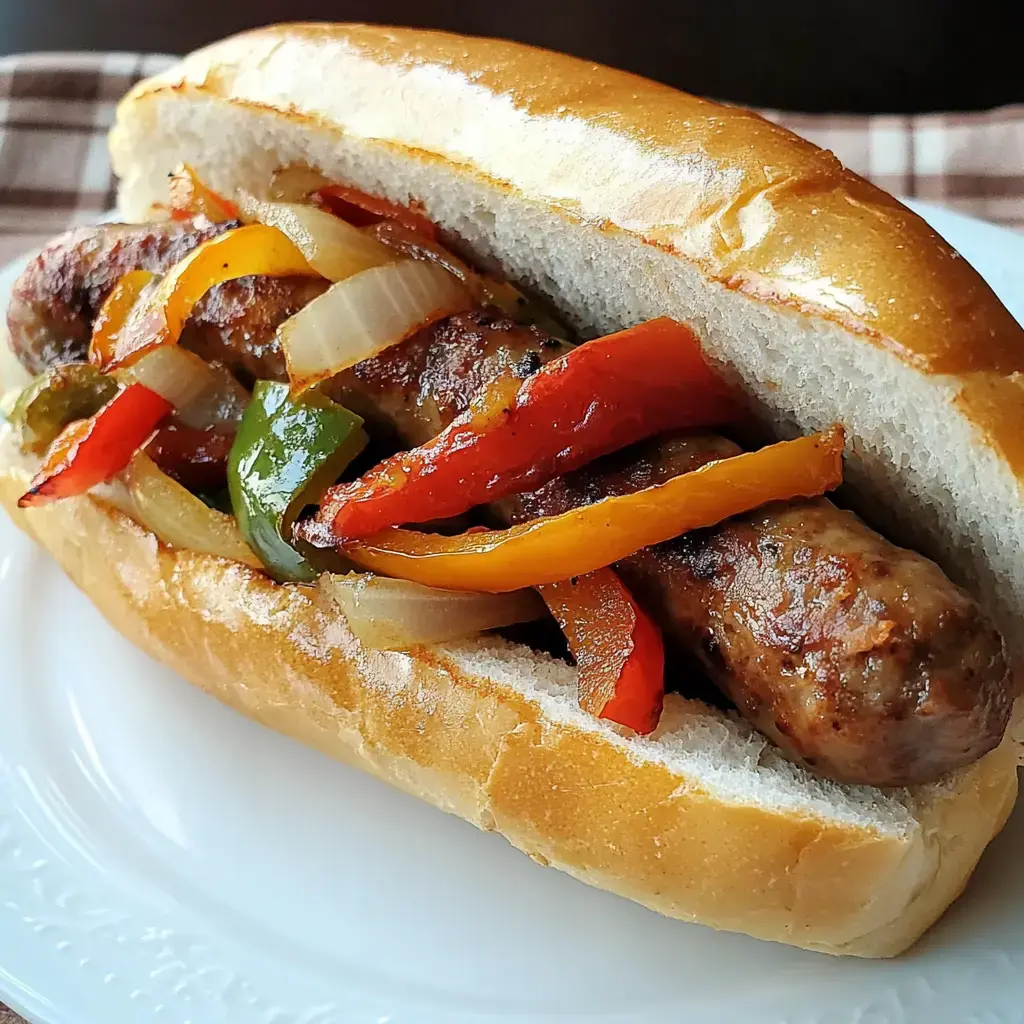 Un sandwich à la saucisse garni de poivrons grillés et d'oignons dans un pain moelleux.