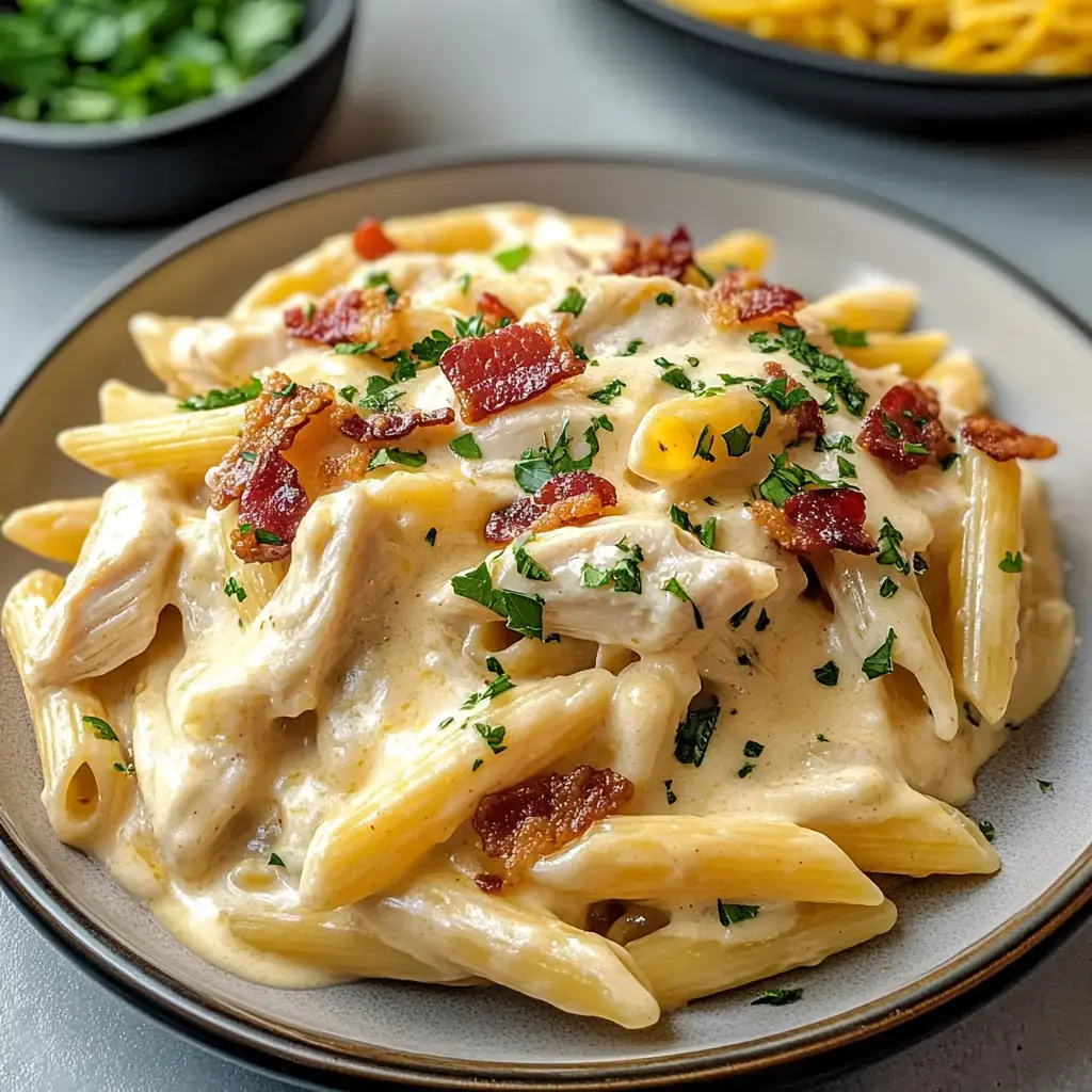 Une assiette de penne crémeuses avec du bacon haché et du persil, entourée de plats sur la table.