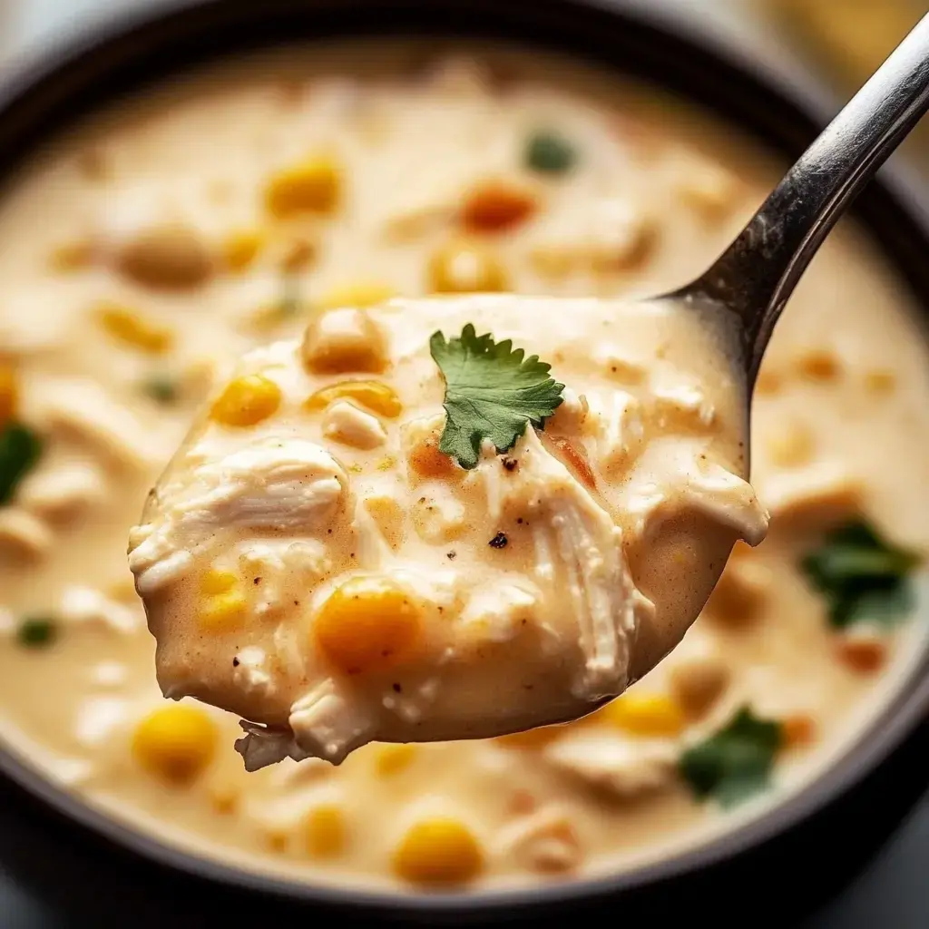 Une cuillère de soupe crémeuse au poulet avec du maïs et une garniture de coriandre, en arrière-plan un bol de soupe flou.