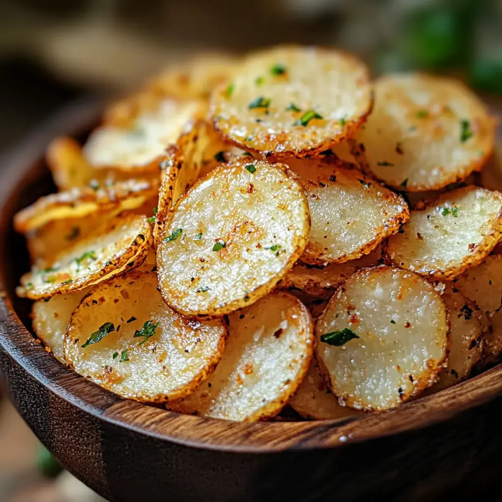 Un bol en bois rempli de tranches de pommes de terre dorées et croustillantes avec des herbes hachées.
