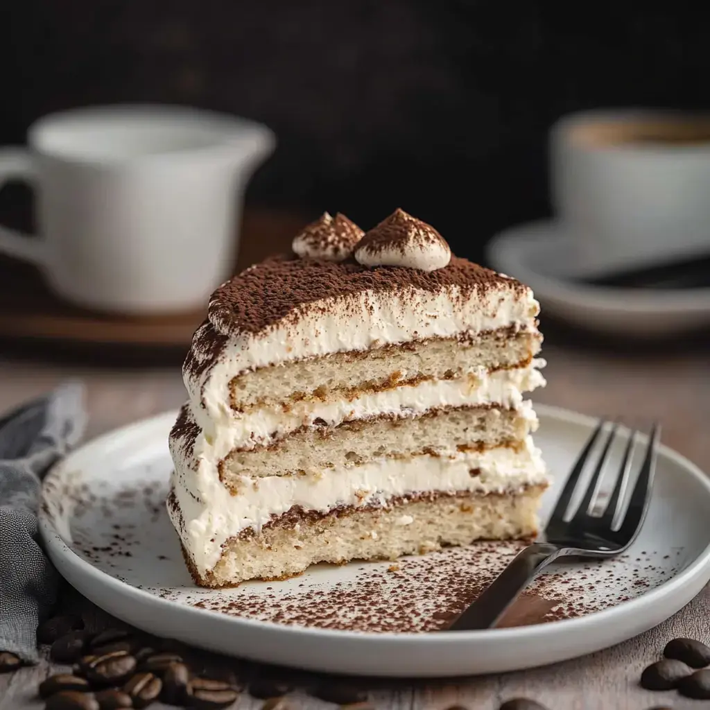 Une part de gâteau tiramisu multicouche saupoudrée de cacao et garnie de meringue posée sur une assiette à côté d'une fourchette, avec une tasse de café et un pot de crème en arrière-plan.