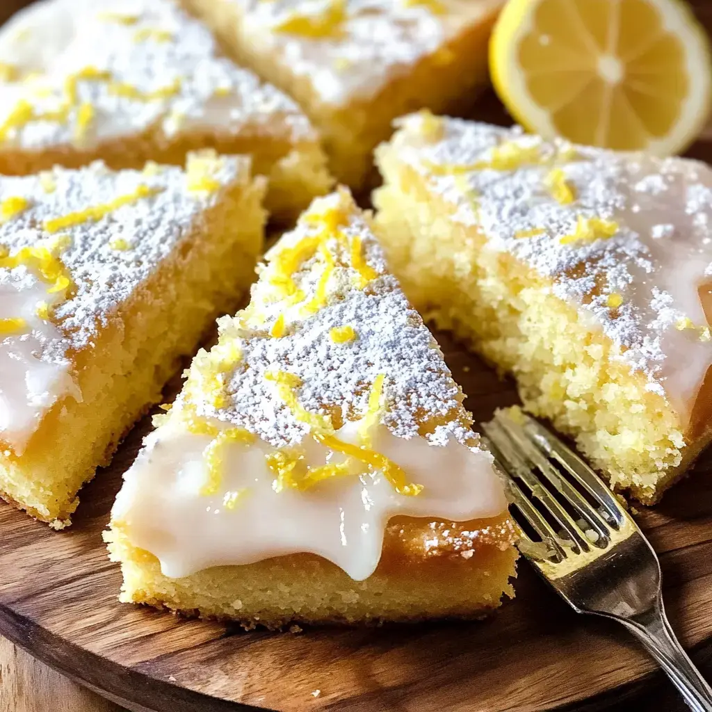 Un gâteau au citron tranché, nappé de glaçage et décoré avec du sucre glace et du zeste de citron, présenté sur un plateau en bois avec un quartier de citron à côté.