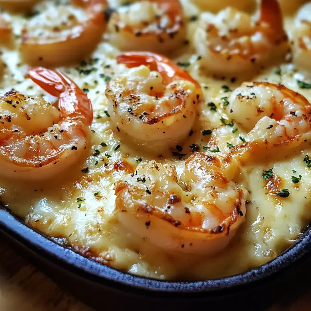 Gros plan sur des crevettes cuites dans une sauce crémeuse, garnies de persil et de poivre noir.