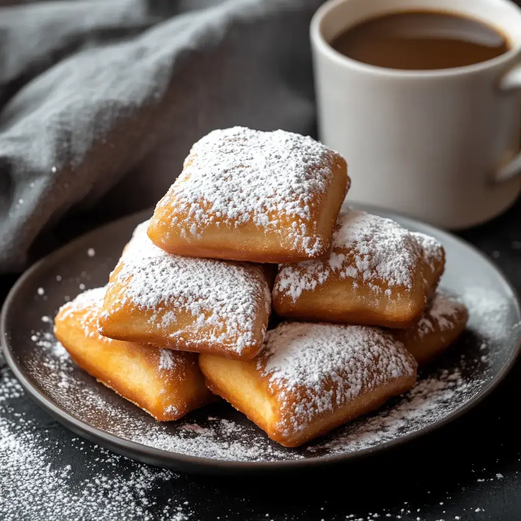 Un tas de pâtisseries saupoudrées de sucre glace sur une assiette à côté d'une tasse de café.