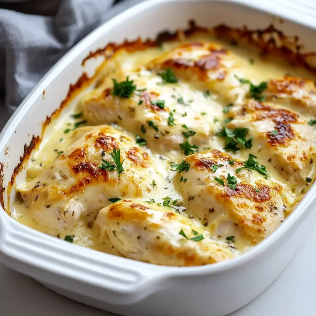 Un plat de poulet crémeux gratiné au fromage doré, garni de persil frais.