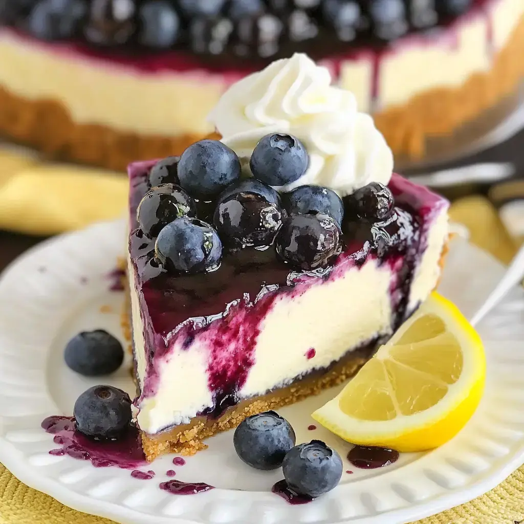 Une part de cheesecake aux myrtilles garnie de myrtilles fraîches et de crème fouettée avec un quartier de citron, servie sur une assiette blanche.