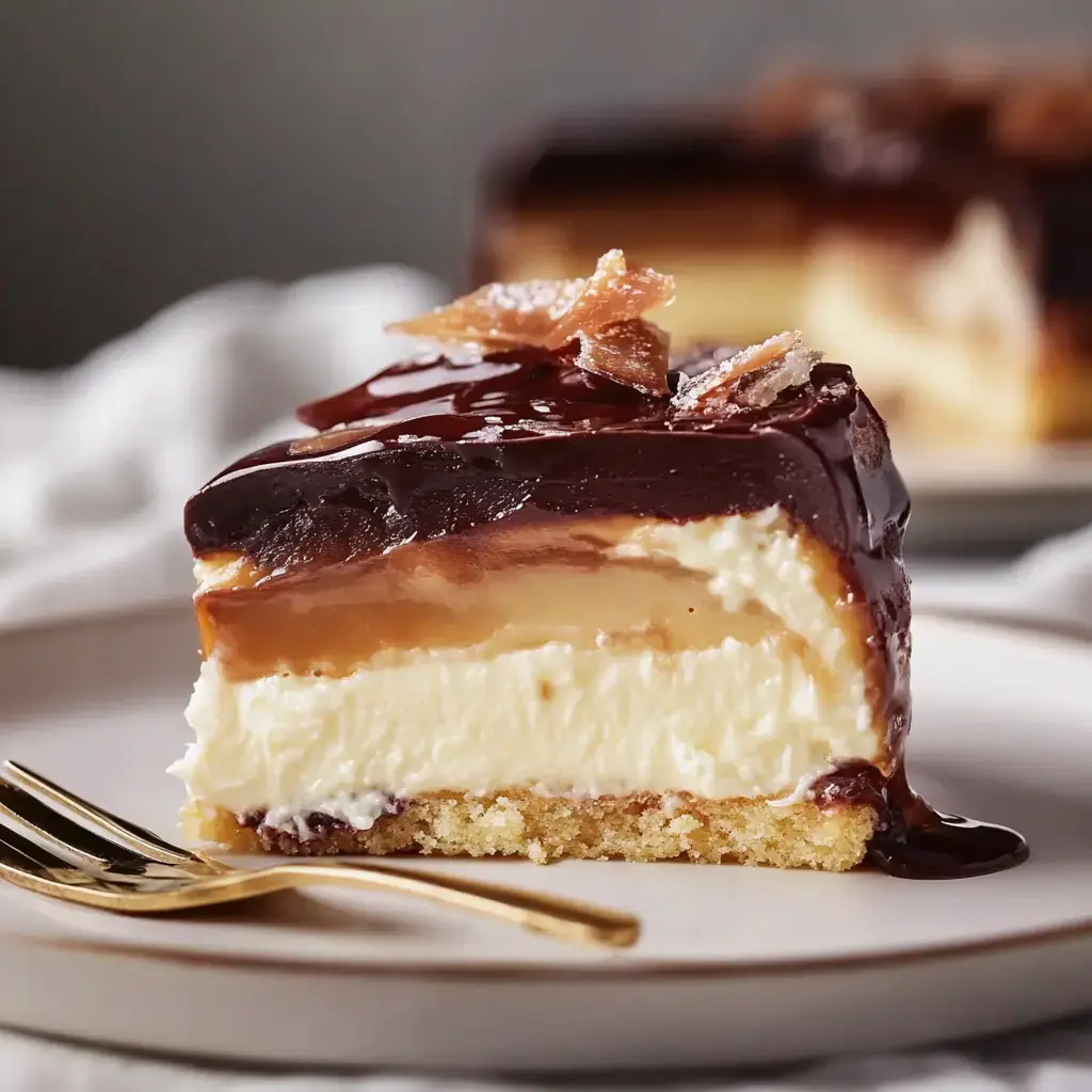 Gros plan d'une part de dessert multicouche avec ganache chocolatée, caramel, crème vanillée et base friable, garni de morceaux croquants.
