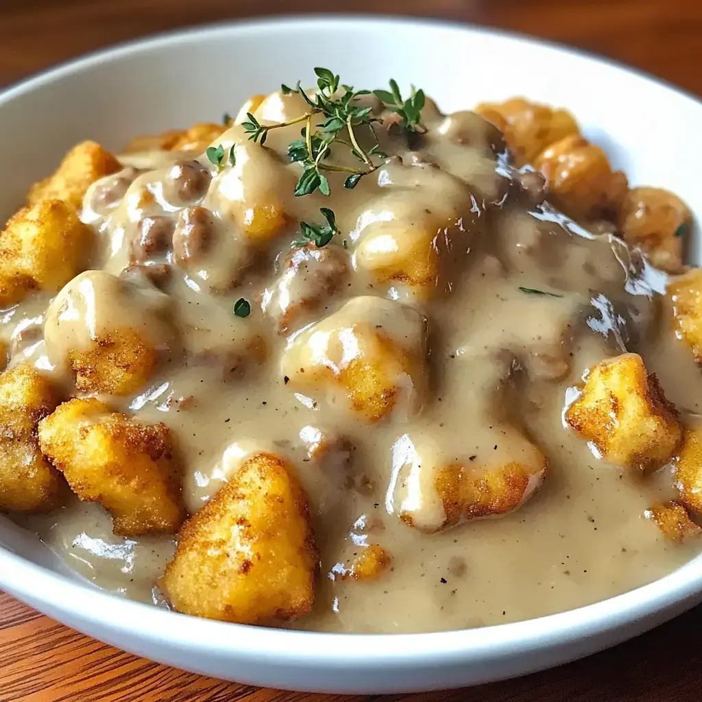Un bol de dumplings dorés nappés d'une sauce crémeuse et décorés de thym frais.