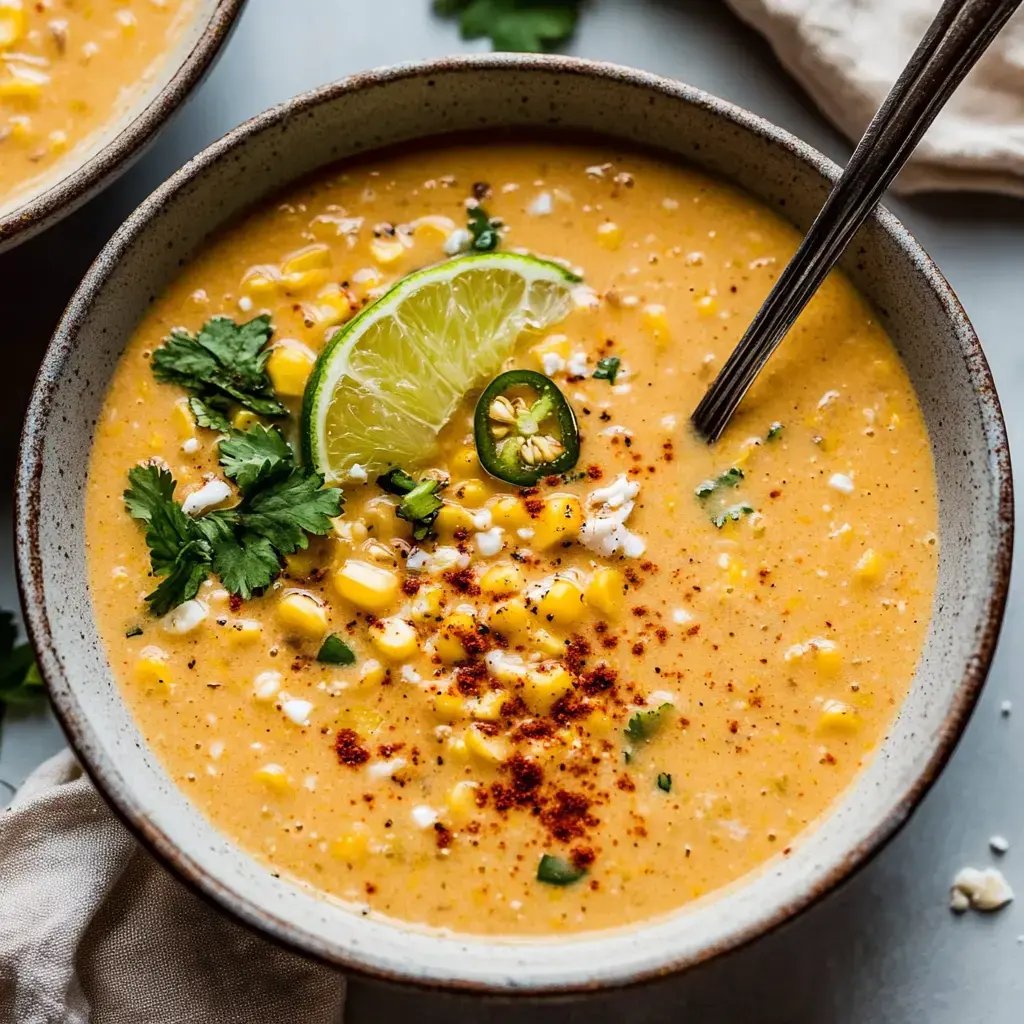 Un bol de soupe au maïs crémeuse garni de coriandre fraîche, d'une tranche de citron vert, de jalapeño et d'épices.