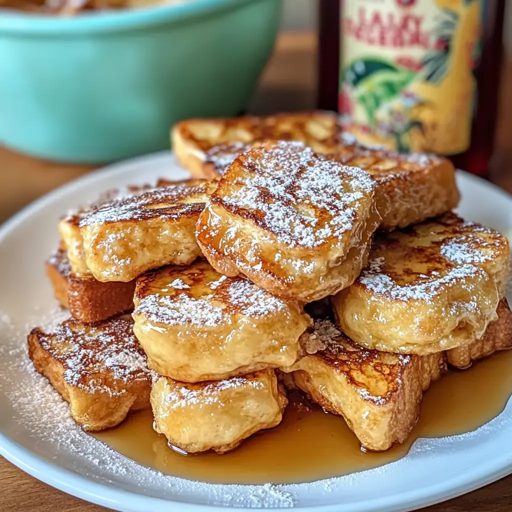 Une assiette de pain doré croustillant saupoudré de sucre glace et nappé de sirop, accompagné d'un bol et à côté d'une bouteille de sirop.