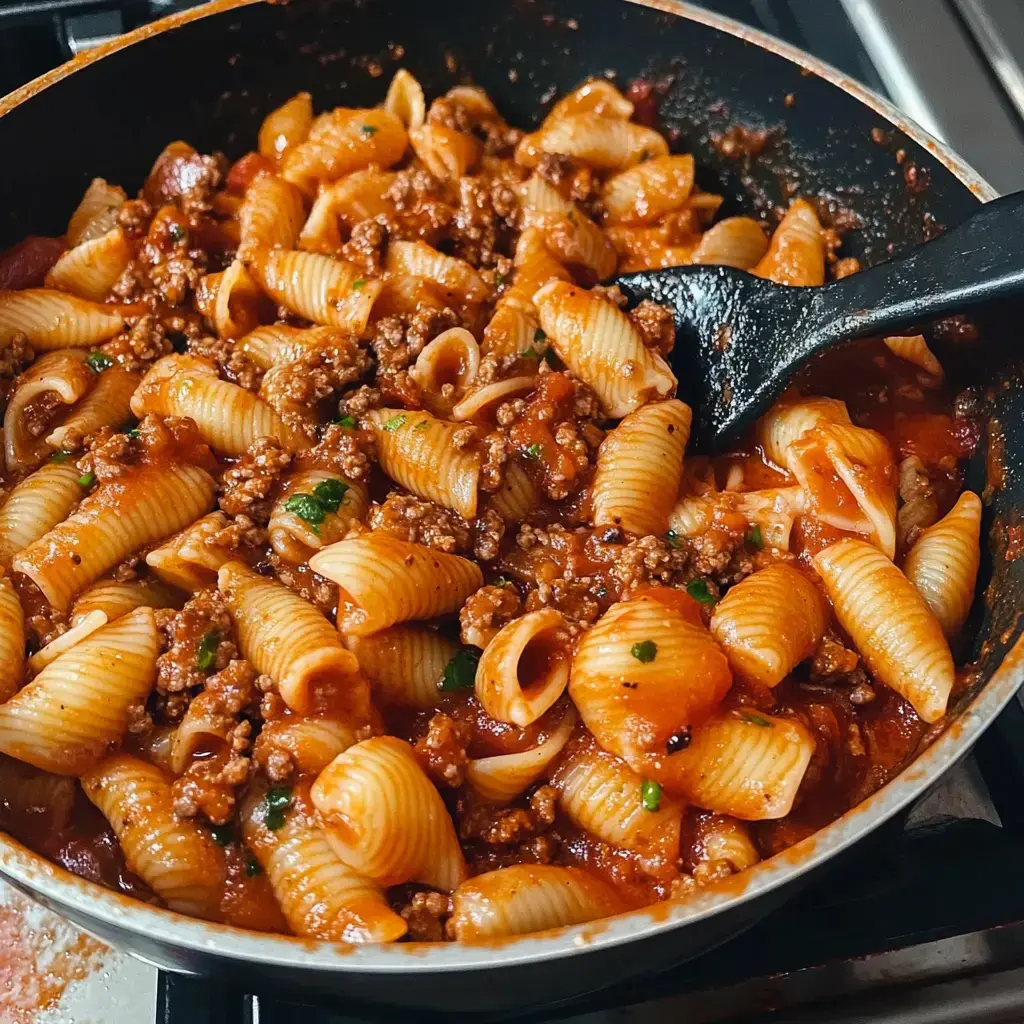 Gros plan d'une poêle remplie de coquillettes enrobées dans une sauce à la viande, garnies d'herbes fraîches.