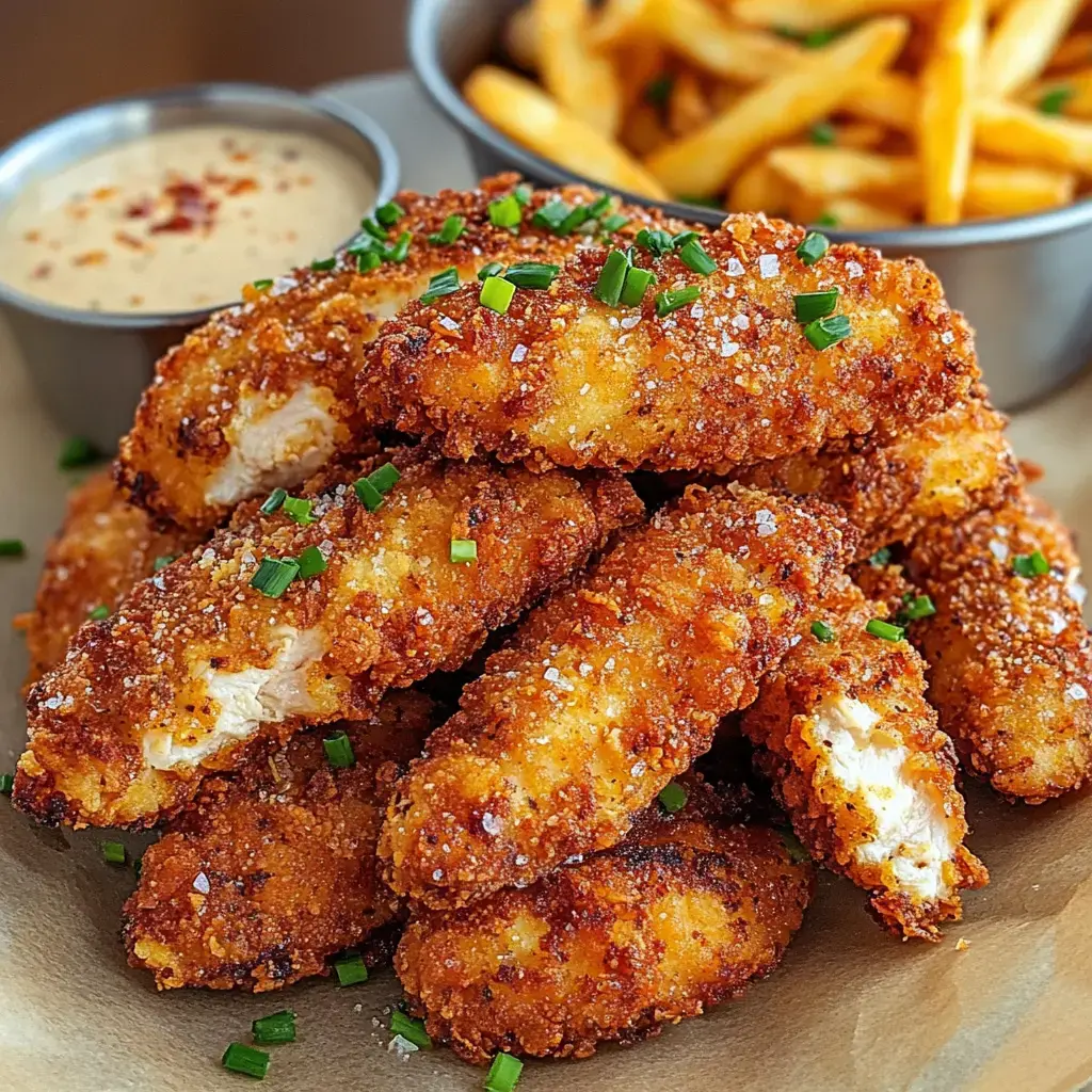 Un tas de tenders de poulet frits dorés garnis d'oignons verts et servis avec une sauce pour tremper et des frites.