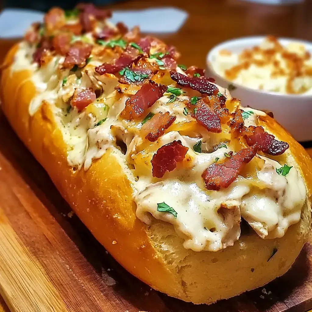 Un sandwich garni sur une planche en bois avec une sauce crémeuse, des morceaux de bacon et des herbes, accompagné d'un petit bol de macaroni au fromage.