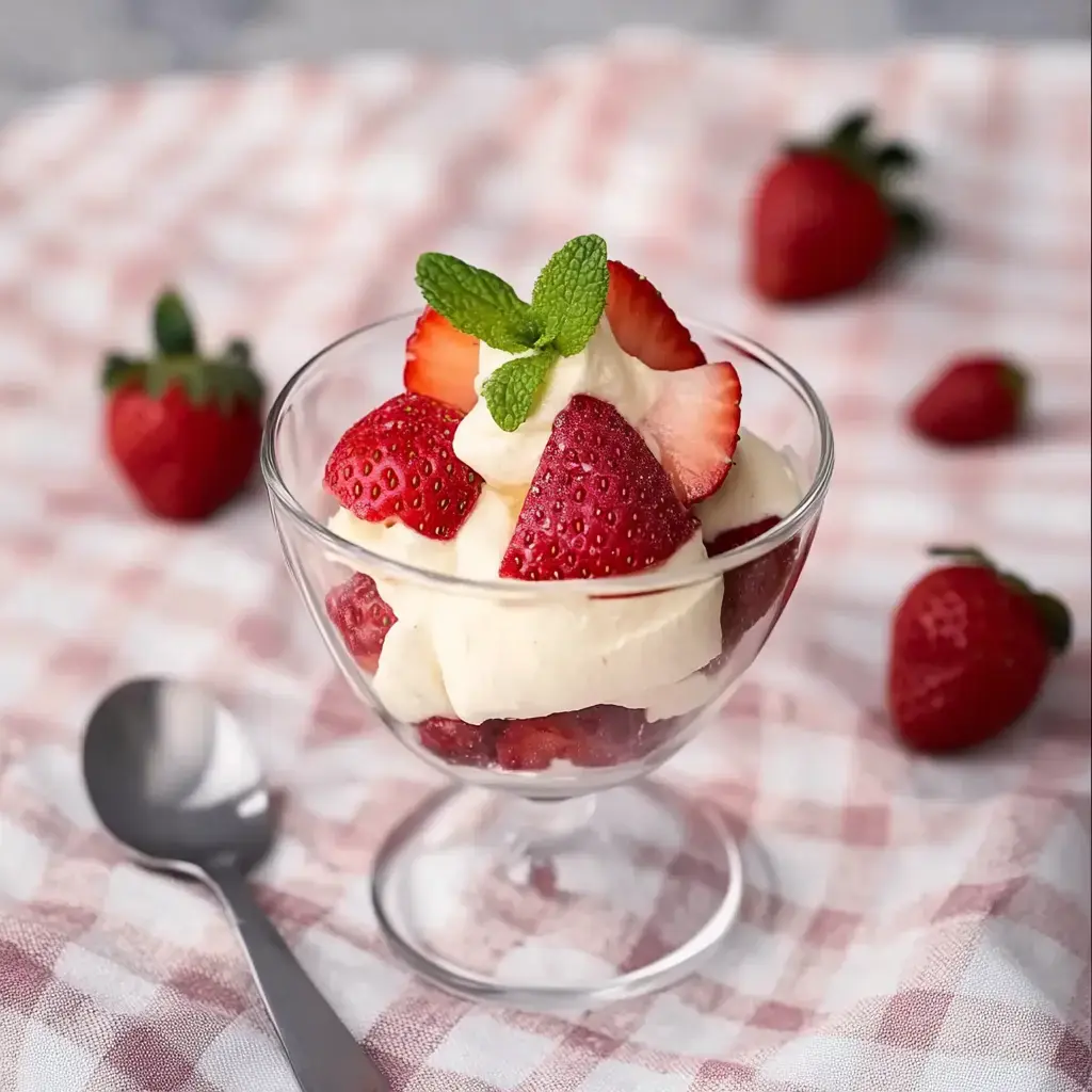 Un bol en verre rempli de couches de fraises et chantilly, décoré avec de la menthe fraîche, posé sur un linge à carreaux avec quelques fraises à côté.