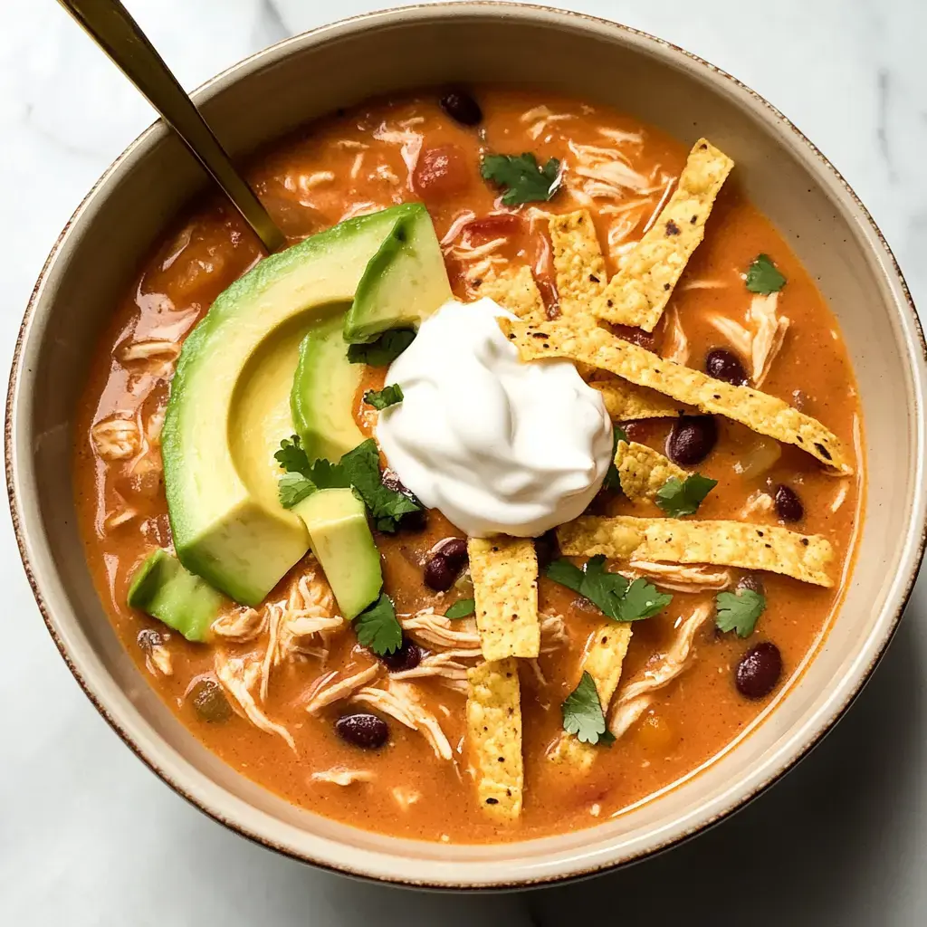 Un bol de soupe crémeuse garni de poulet effiloché, tranches d’avocat, bandes de tortilla, crème fraîche et coriandre.