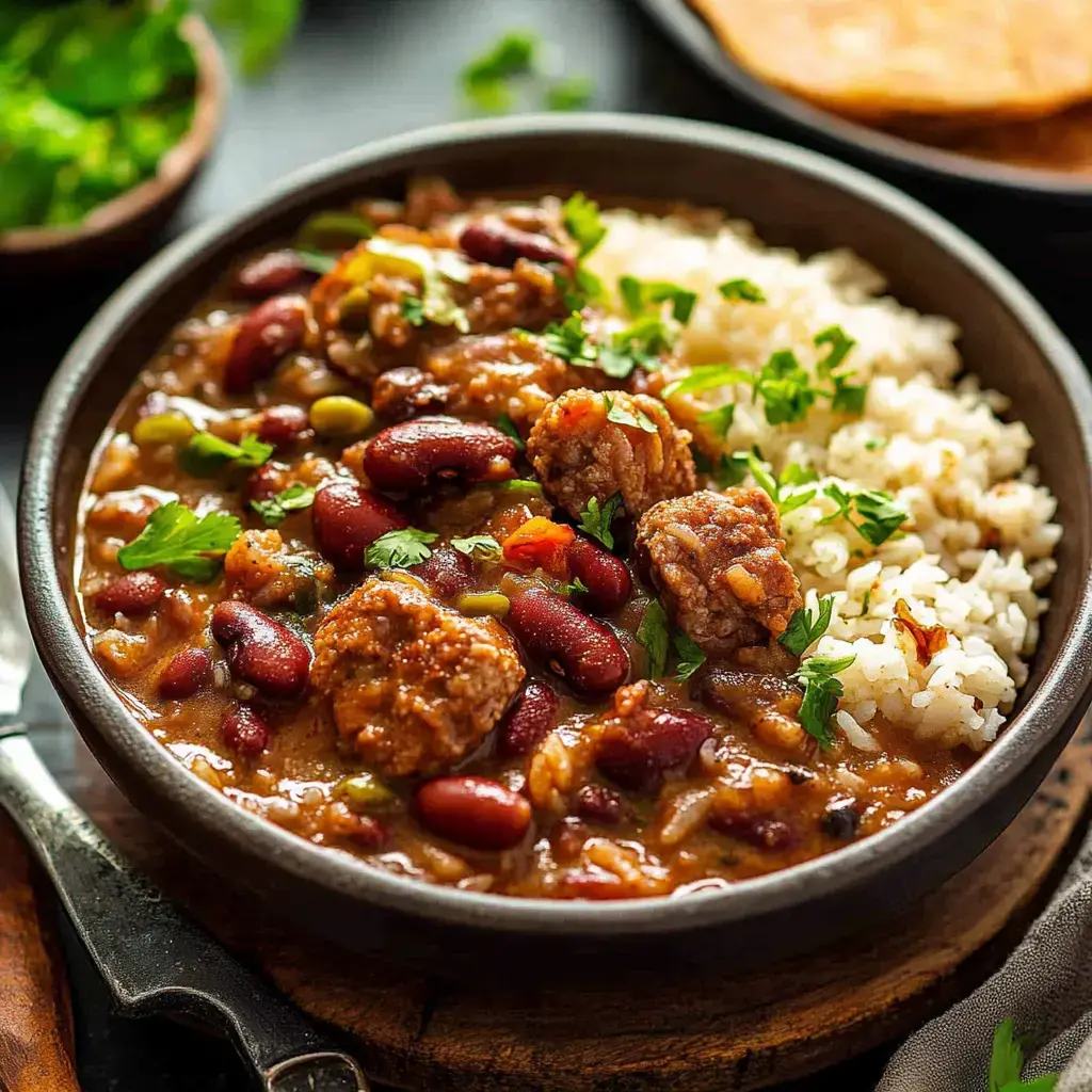 Un bol généreux de chili avec haricots et viande, garni de coriandre fraîche, accompagné de riz.