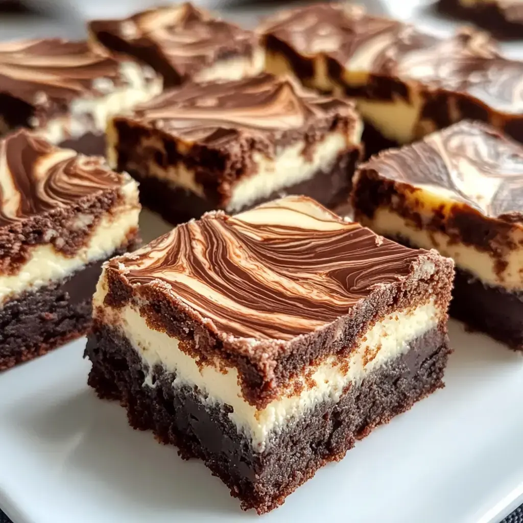 Un gros plan de barres chocolatées gourmandes avec des tourbillons de chocolat sur le dessus, montrant des couches riches et crémeuses.