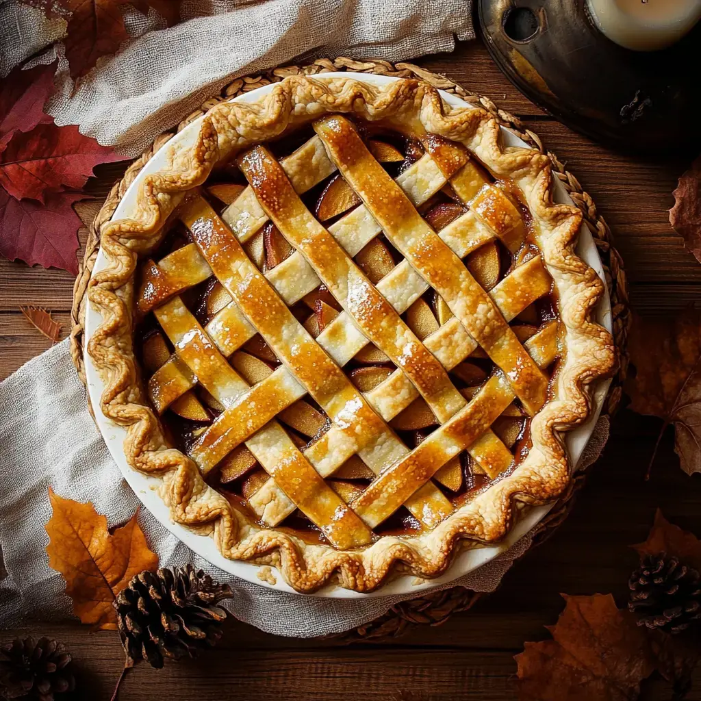 Une tarte aux pommes fraîchement cuite avec un joli motif tressé posée sur une table rustique en bois, entourée de feuilles d'automne et de pommes de pin.