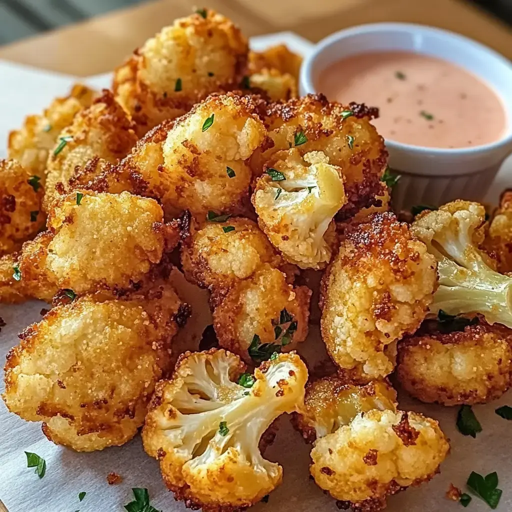 Une photo rapprochée de bouquets de chou-fleur dorés, croustillants et garnis de persil, accompagnée d’une sauce dans un petit bol.
