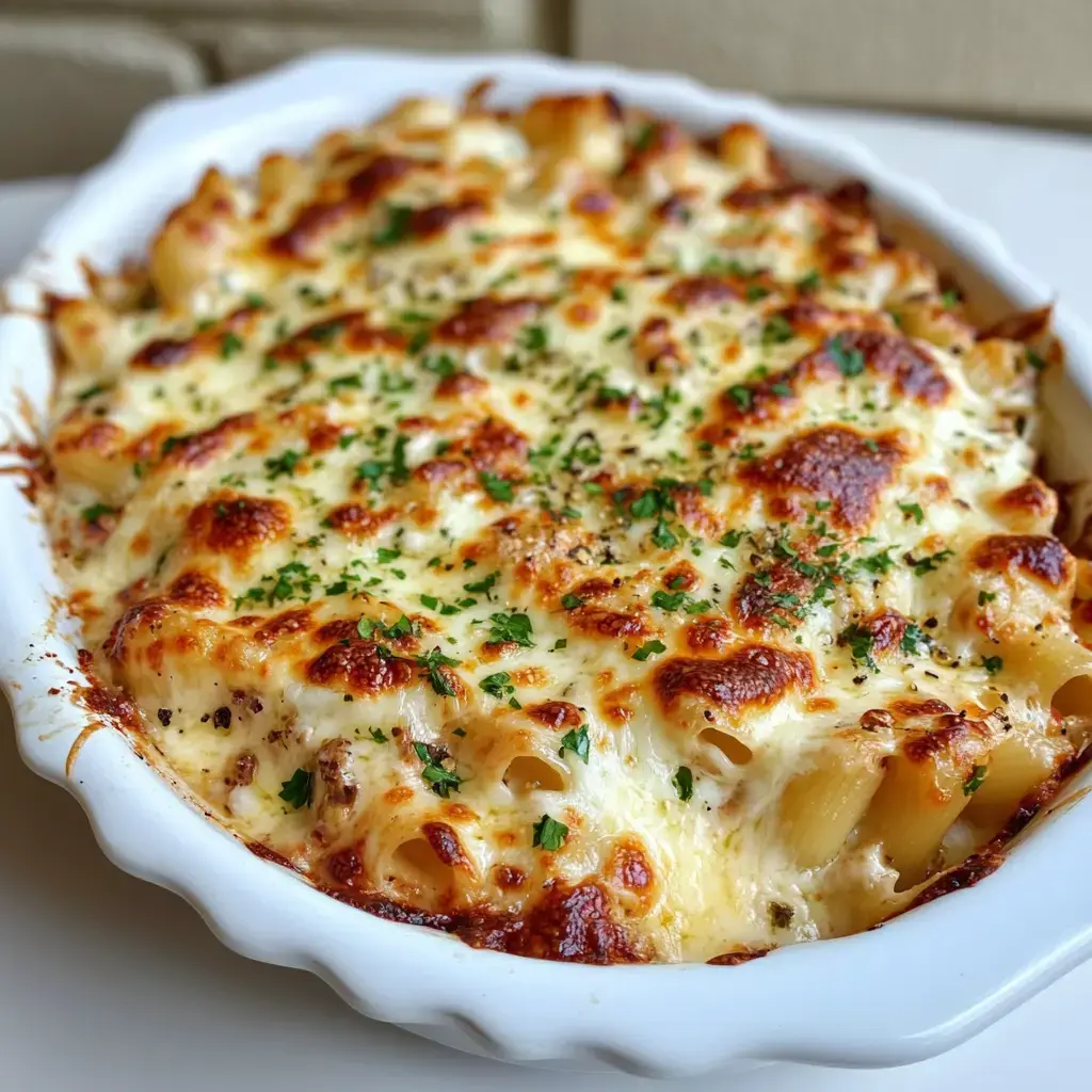 Un plat de pâtes crémeux, gratiné au fromage doré, décoré avec du persil.