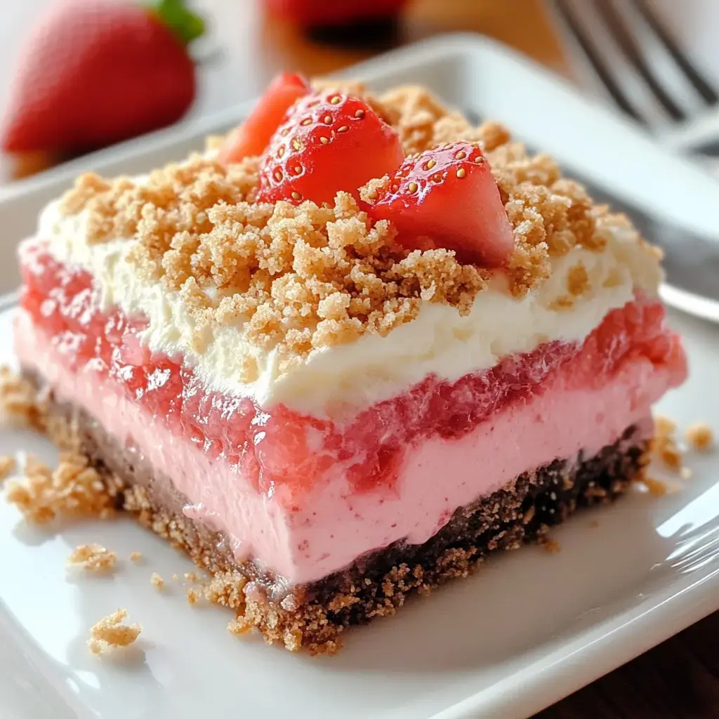 Un dessert en couches avec une base brune, une garniture rose, de la gelée rouge, de la crème fouettée, décoré de fraises fraîches et de miettes.