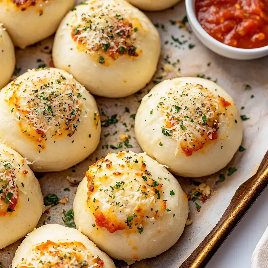 Une plaque de roulés pains fourrés au fromage tout juste sortis du four, parsemés d'herbes et accompagnés d'une sauce marinara.