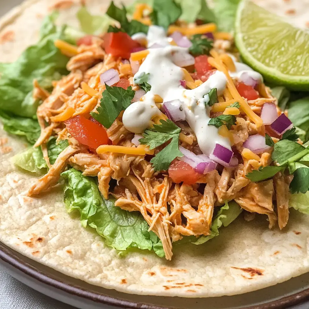 Gros plan d'une tortilla garnie de poulet effiloché, laitue, tomates, fromage, coriandre, et un quartier de citron vert, avec une touche de crème sûre.