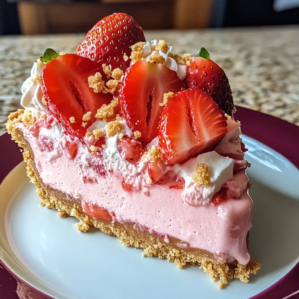 Une part de tarte à la crème de fraise garnie de fraises fraîches et de miettes sur une assiette.